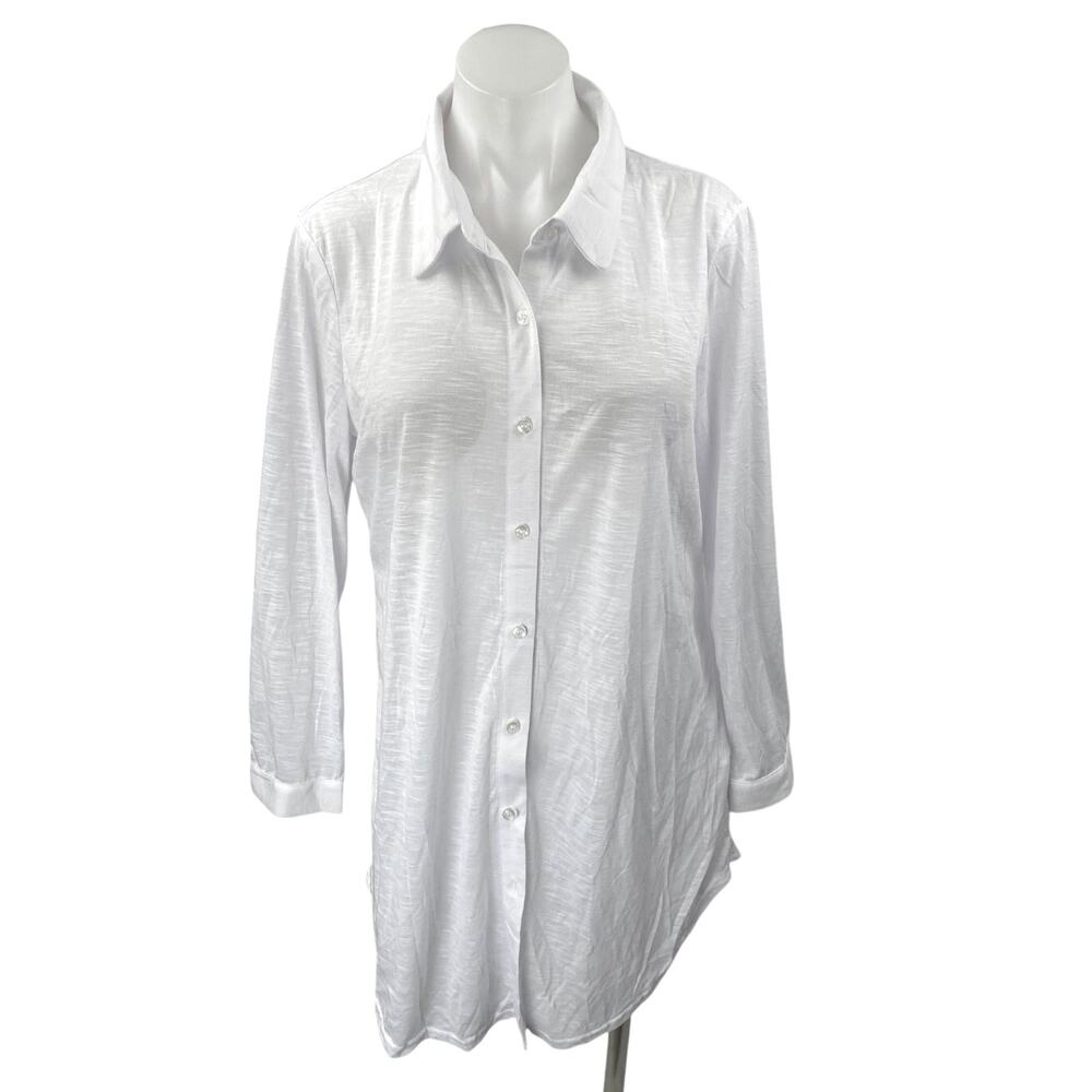 Ekouaer Women's White Collar Long Sleeve Button Down Mini Tunic Shirt Dress Sz M